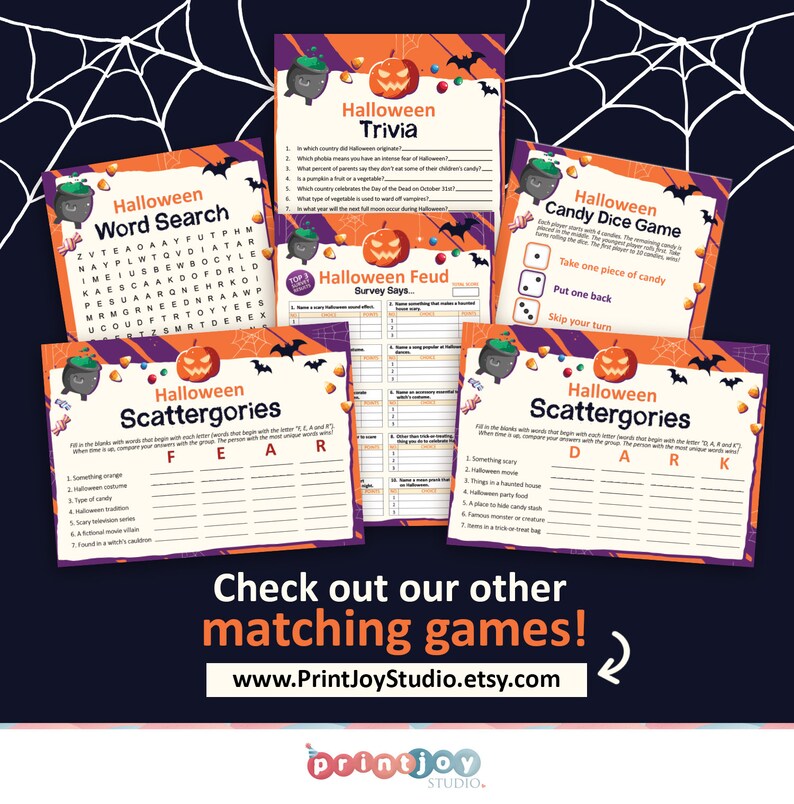 May include: A set of printable Halloween party games featuring a cauldron and pumpkin theme. The games include trivia, word search, scattergories, a feud, and a candy dice game. The games are designed to be printed and played at a Halloween party.