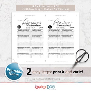 May include: Printable baby shower game with two designs, each measuring 5 x 7 inches. The game is called "Friendly Feud" and features a "Survey Says" theme. The game includes a list of questions and answer choices with points assigned to each correct answer.