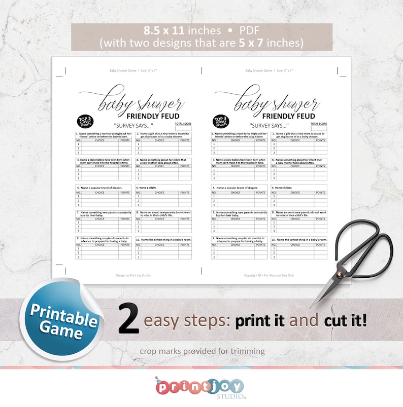 May include: Printable baby shower game with two designs, each measuring 5 x 7 inches. The game is called "Friendly Feud" and features a "Survey Says" theme. The game includes a list of questions and answer choices with points assigned to each correct answer.
