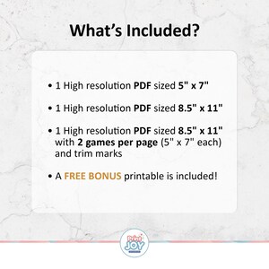 May include: White background with the text "What's Included?" and bullet points listing PDF sizes: 5" x 7", 8.5" x 11", and 8.5" x 11" with two games per page. A free bonus printable is included.