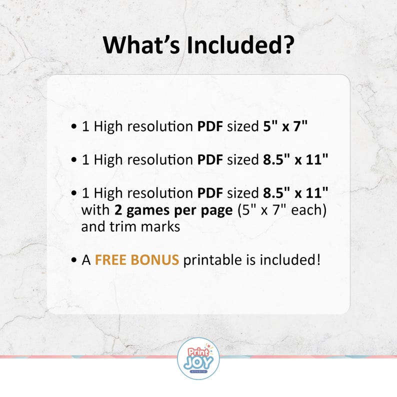 May include: White background with the text "What's Included?" and bullet points listing PDF sizes: 5" x 7", 8.5" x 11", and 8.5" x 11" with two games per page. A free bonus printable is included.