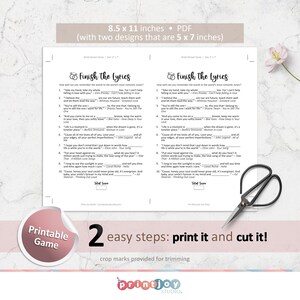 May include: Printable game with two designs for a bridal shower game. The game is called "Finish the Lyrics" and has a list of song lyrics with blanks for guests to fill in. The game is printed on white paper with black text and has a total score section at the bottom.