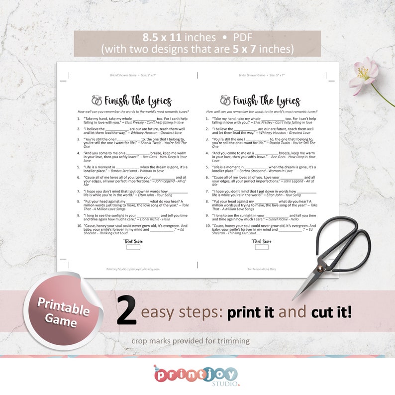 May include: Printable game with two designs for a bridal shower game. The game is called "Finish the Lyrics" and has a list of song lyrics with blanks for guests to fill in. The game is printed on white paper with black text and has a total score section at the bottom.