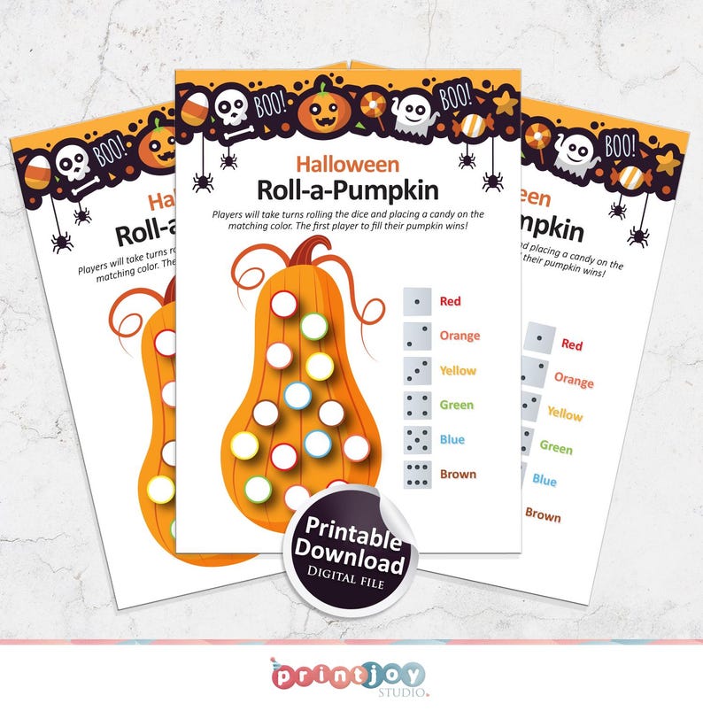 May include: Printable Halloween Roll-a-Pumpkin game with a pumpkin shaped game board and dice with different colours. The game board has 15 circles to fill with sweets. The dice are red, orange, yellow, green, blue, and brown.