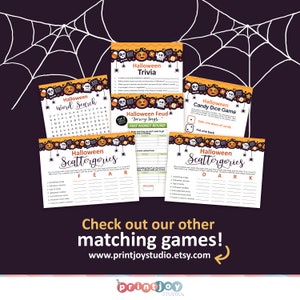 Puede incluir: Un conjunto de juegos de fiesta de Halloween imprimibles con dise&ntilde;os naranja, negro y blanco. Los juegos incluyen Halloween Trivia, Halloween Word Search, Halloween Feud, Halloween Candy Dice Game y Halloween Scattergories. Los juegos est&aacute;n dise&ntilde;ados para imprimirse y jugarse en una fiesta de Halloween.