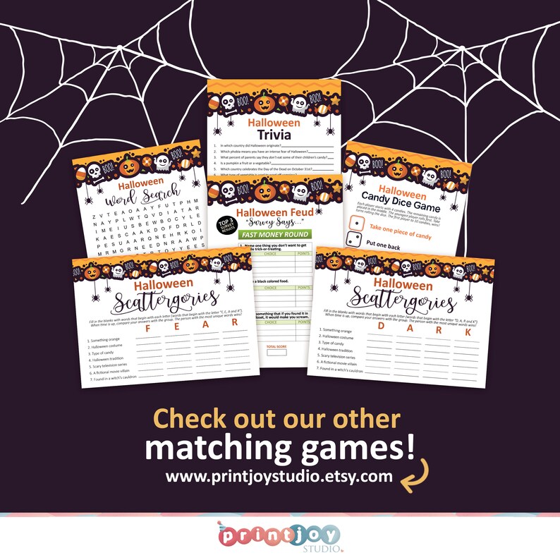 Puede incluir: Un conjunto de juegos de fiesta de Halloween imprimibles con dise&ntilde;os naranja, negro y blanco. Los juegos incluyen Halloween Trivia, Halloween Word Search, Halloween Feud, Halloween Candy Dice Game y Halloween Scattergories. Los juegos est&aacute;n dise&ntilde;ados para imprimirse y jugarse en una fiesta de Halloween.
