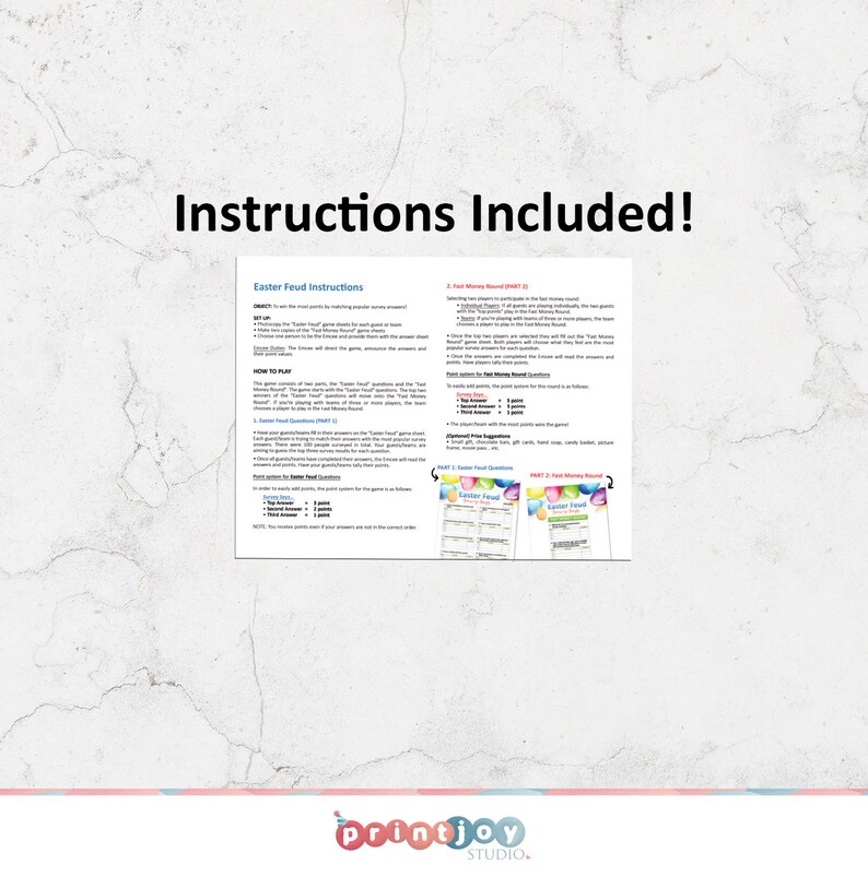 Puede incluir: Instrucciones para un juego de la familia Feud con tem&aacute;tica de Pascua. Las instrucciones incluyen la configuraci&oacute;n, c&oacute;mo jugar y el sistema de puntos. El juego incluye dos rondas: Ronda de Dinero R&aacute;pido y la ronda principal del juego. El juego est&aacute; dise&ntilde;ado para que jueguen dos equipos.