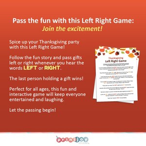Puede incluir: Un juego de izquierda a derecha de Acci&oacute;n de Gracias imprimible con un esquema de color oto&ntilde;al festivo. El juego incluye instrucciones y una historia a seguir, con los jugadores pasando regalos a la izquierda o a la derecha cuando escuchan las palabras "izquierda" o "derecha".