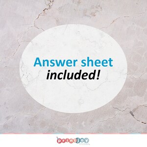 May include: A white circle with a cracked gray background. The text "Answer sheet included!" is written in blue text on the circle.