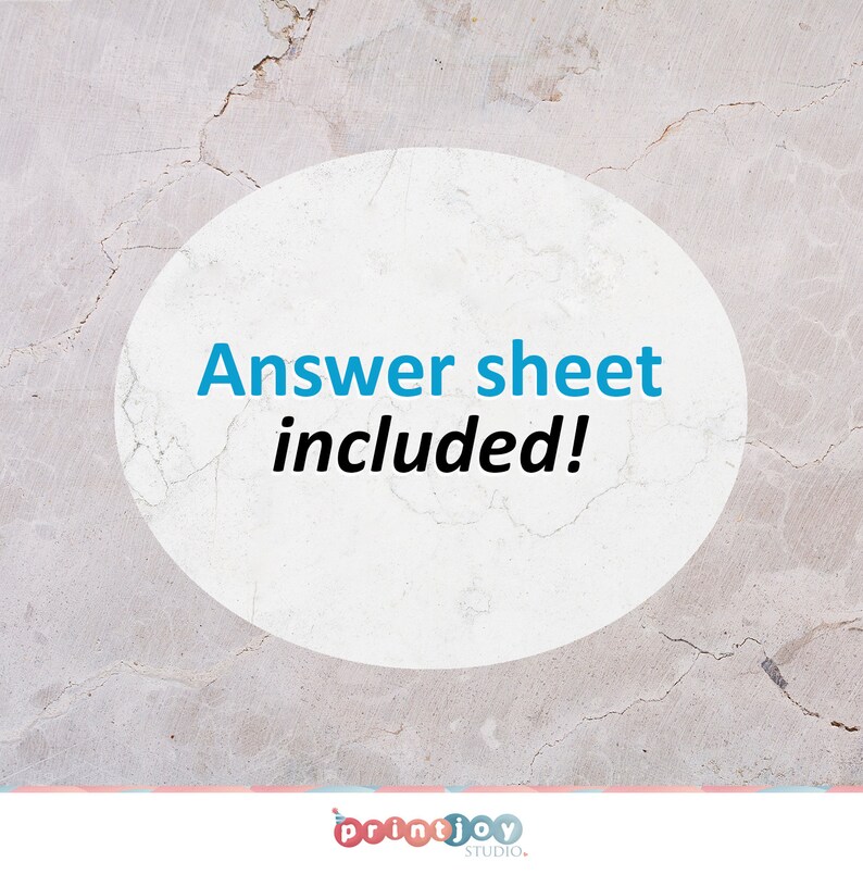 May include: A white circle with a cracked gray background. The text "Answer sheet included!" is written in blue text on the circle.