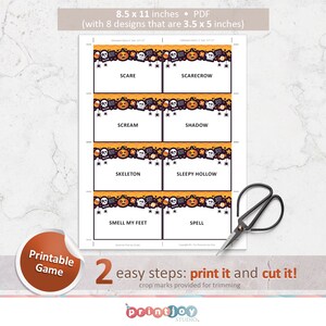 May include: Printable Halloween game with eight 3.5 x 5 inch cards featuring spooky Halloween characters and phrases like "Scare", "Scream", "Skeleton", "Sleepy Hollow", "Smell My Feet", and "Spell".