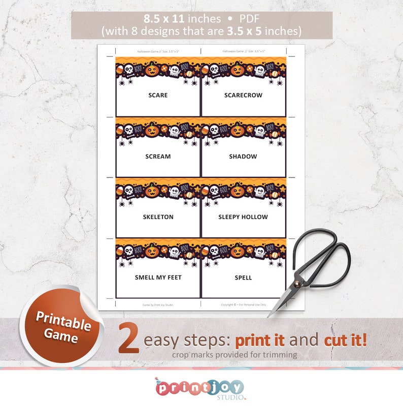 May include: Printable Halloween game with eight 3.5 x 5 inch cards featuring spooky Halloween characters and phrases like "Scare", "Scream", "Skeleton", "Sleepy Hollow", "Smell My Feet", and "Spell".