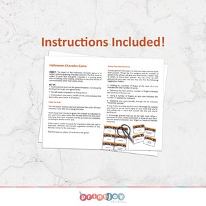May include: Instructions for a Halloween charades game. The game includes 20 cards with various Halloween-themed words and phrases. The instructions include tips for acting out the words and phrases.