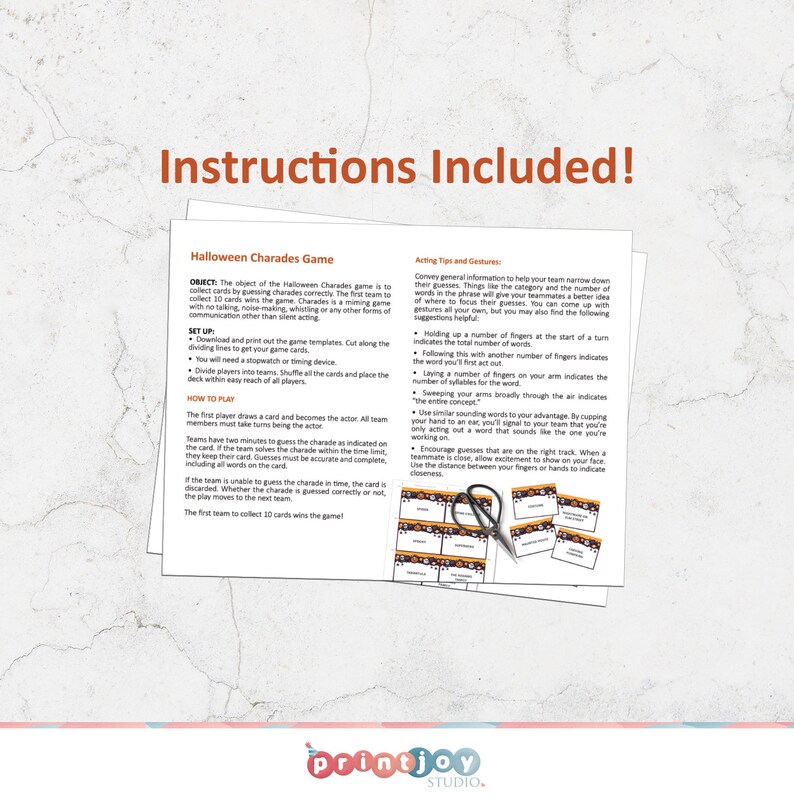 May include: Instructions for a Halloween charades game. The game includes 20 cards with various Halloween-themed words and phrases. The instructions include tips for acting out the words and phrases.