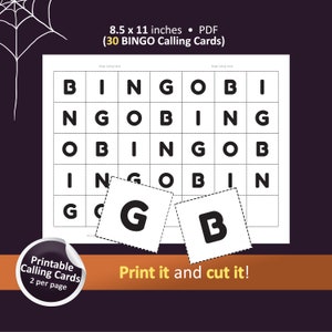 Peut inclure: Cartes d'appel de bingo imprimables avec 30 cartes par feuille. Les cartes mesurent 8,5 x 11 pouces et pr&eacute;sentent les lettres B, I, N, G et O dans un motif de grille. Le texte "Imprimez-le et d&eacute;coupez-le !" est &eacute;galement inclus.