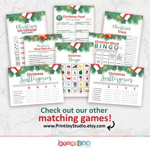 May include: A set of printable Christmas party games with a green and red holiday theme. The games include Christmas Bingo, Christmas Scattergories, Christmas Feud, Christmas Trivia, and Christmas Movie Bingo. The games are designed to be played with friends and family during the holiday season.