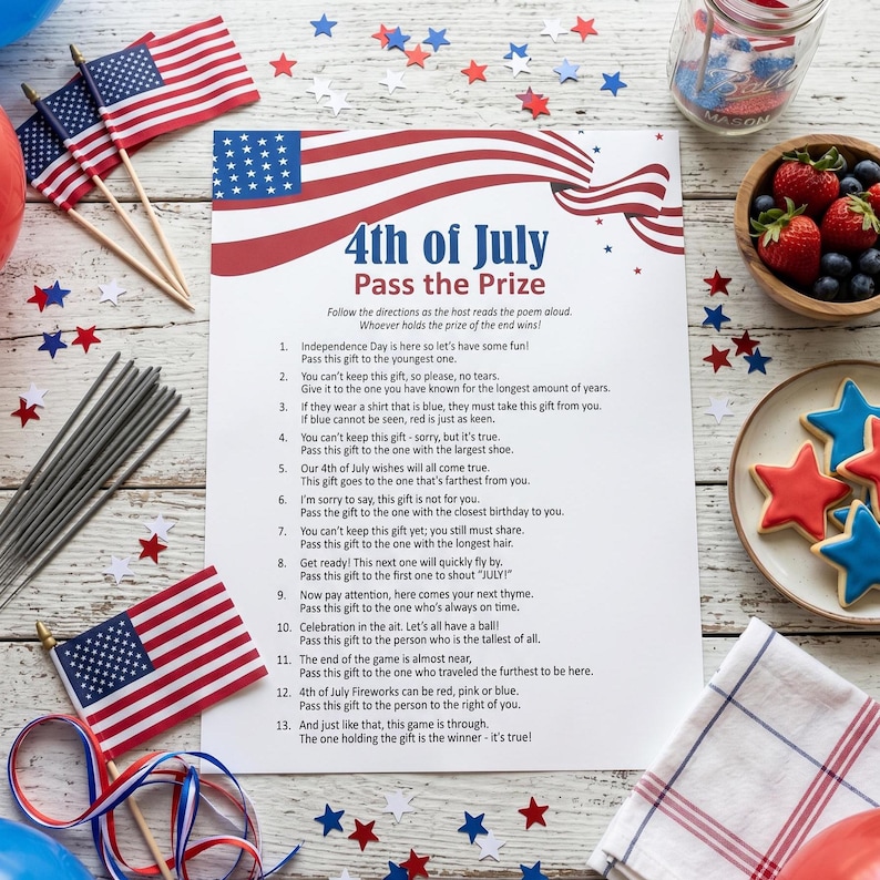 Pass the gift game, 4th of July games, Gift exchange game, Printable games, Pass the present, Pass the present game, Fourth of July games image 2