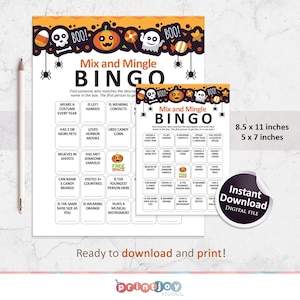 Pu&ograve; includere: Una scheda di bingo di Halloween stampabile con uno schema di colori nero e arancione. La scheda presenta una grafica di zucca e fantasma. Le caselle di bingo contengono vari prompt a tema Halloween come "Indossa un costume ogni anno", "&Egrave; mancino", "Gli piace il mais dolce", "Ha incontrato qualcuno famoso", "Pu&ograve; nominare 3 marchi di caramelle", "&Egrave; la persona pi&ugrave; giovane qui", "Suona uno strumento musicale", e "Indossa arancione".