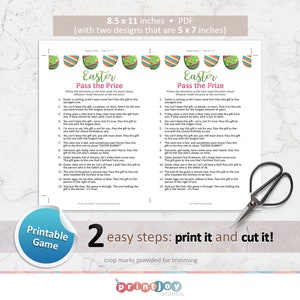 May include: Printable Easter game with instructions to pass a gift around the circle. The game is printed on white paper with a colourful Easter egg design.