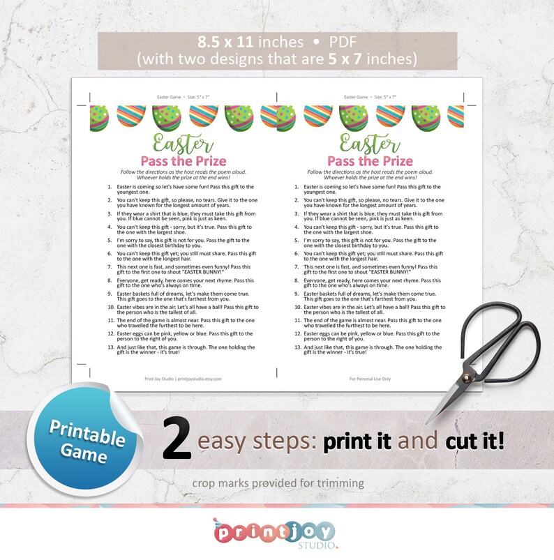 May include: Printable Easter game with instructions to pass a gift around the circle. The game is printed on white paper with a colourful Easter egg design.