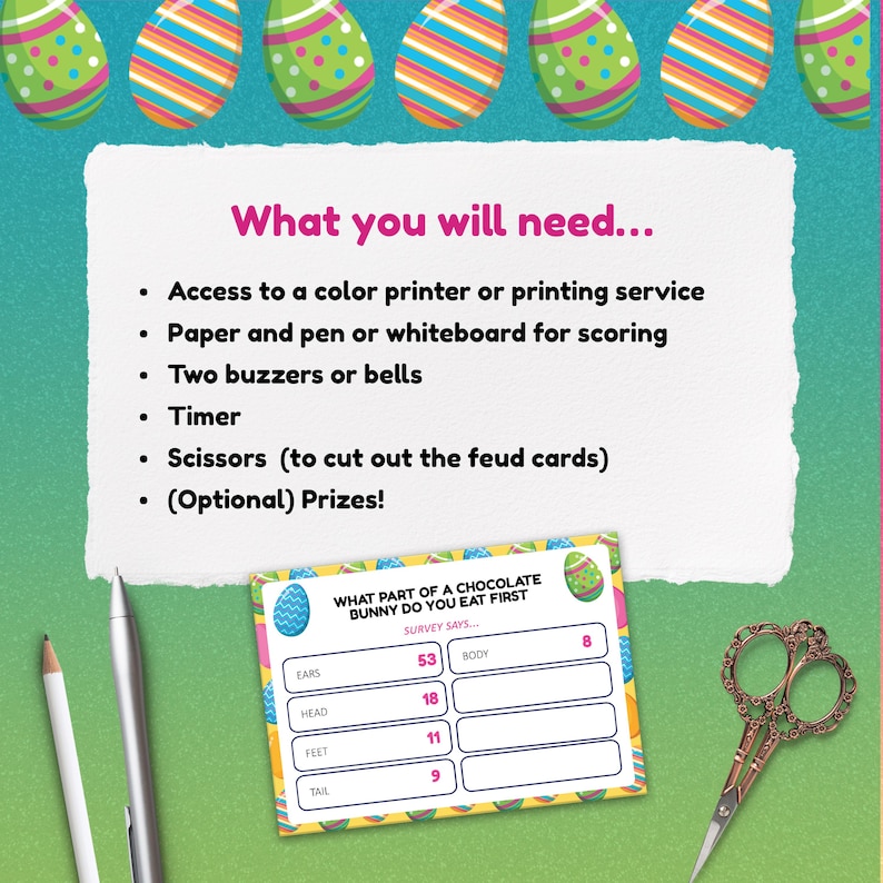 May include: An Easter-themed game kit with a survey card asking "What part of a chocolate bunny do you eat first?" Includes scissors, pens, and a list of needed items: printer, paper, buzzers, timer, and prizes.