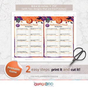 May include: Printable Halloween Feud game with two designs. Each design features a pumpkin and a cauldron with a black cat. The game includes questions about Halloween traditions and trivia. The game is 8.5 inches by 11 inches and can be printed and cut into two 5 by 7 inch cards.