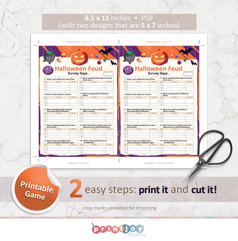 May include: Printable Halloween Feud game with two designs. Each design features a pumpkin and a cauldron with a black cat. The game includes questions about Halloween traditions and trivia. The game is 8.5 inches by 11 inches and can be printed and cut into two 5 by 7 inch cards.
