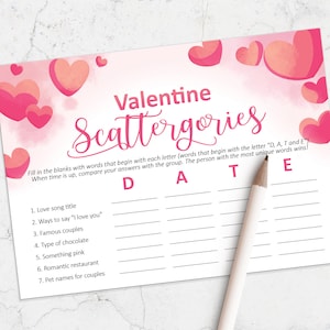 Valentine Scattergories, Valentine party game, Valentine printable games, Galentine&#39;s Day, Instant download
