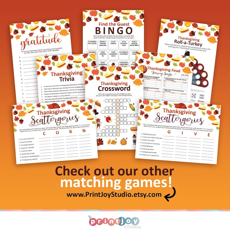 Puede incluir: Un conjunto de juegos de Acci&oacute;n de Gracias imprimibles con un tema oto&ntilde;al. Los juegos incluyen Bingo, Trivia, Crucigrama, Scattergories, Roll-a-Turkey y Feud. Los juegos est&aacute;n dise&ntilde;ados para jugarse en una reuni&oacute;n de Acci&oacute;n de Gracias.
