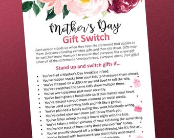 Mother’s Day gift swap game, Mothers day games, Gift exchange ideas, Pass the prize, Mothers day brunch, Party games, Printable games, PDF