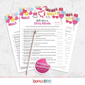 May include: A printable Galentine's Day game with the title "Dirty Minds". The game features a pink and white cake with pink frosting and pink sprinkles. The game includes 15 dirty sounding riddles with innocent answers.