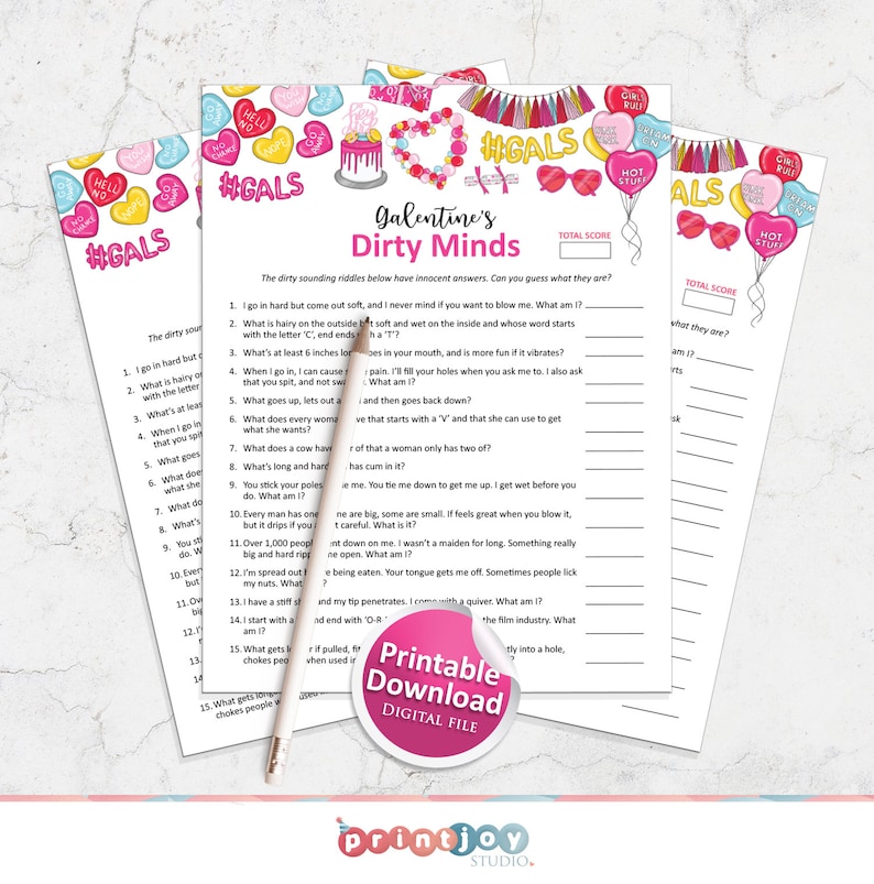 May include: A printable Galentine's Day game with the title "Dirty Minds". The game features a pink and white cake with pink frosting and pink sprinkles. The game includes 15 dirty sounding riddles with innocent answers.