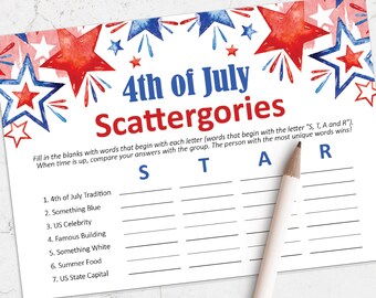 Printable Scattergories game, 4th of July printable game, Fourth of July party ideas, Independence Day, 4th of July party, instant download