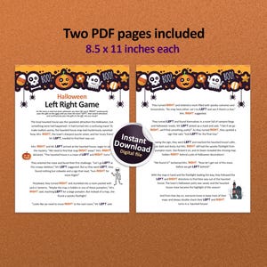 Op de afbeelding: Twee printbare pagina's van een Halloween-links-rechts spel. Het spel bevat een spookachtig spookhuis-doolhof met instructies om bij elke bocht links of rechts af te slaan. Het spel is ontworpen voor kinderen en bevat een spookachtig Halloween-thema met geesten, pompoenen en vleermuizen.