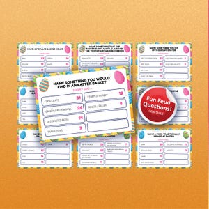May include: A collection of printable Easter-themed game cards with various questions and answers. The cards feature colorful designs, including Easter eggs and a "Fun Feud Questions!" logo, perfect for holiday gatherings.