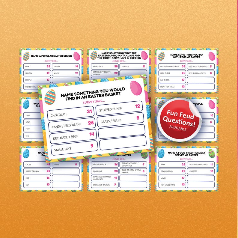 May include: A collection of printable Easter-themed game cards with various questions and answers. The cards feature colorful designs, including Easter eggs and a "Fun Feud Questions!" logo, perfect for holiday gatherings.