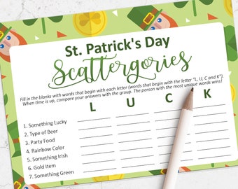 St patricks day game, Scattergories game, Saint patricks day, Printable games, Adult party games, Kids st patricks day, Family games