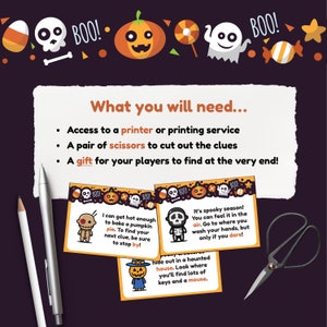 Puede incluir: Un juego de b&uacute;squeda del tesoro de Halloween imprimible con instrucciones sobre lo que necesitas para jugar. Las instrucciones incluyen una impresora, tijeras y un regalo para que los jugadores lo encuentren al final. El juego incluye pistas en tarjetas con personajes espeluznantes de Halloween.