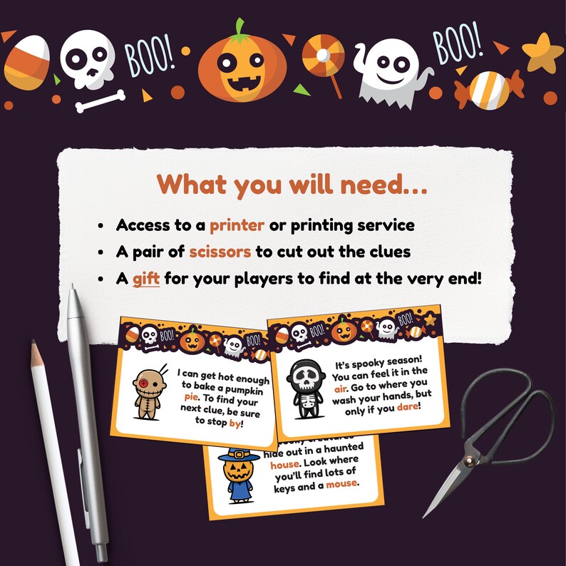 Puede incluir: Un juego de b&uacute;squeda del tesoro de Halloween imprimible con instrucciones sobre lo que necesitas para jugar. Las instrucciones incluyen una impresora, tijeras y un regalo para que los jugadores lo encuentren al final. El juego incluye pistas en tarjetas con personajes espeluznantes de Halloween.