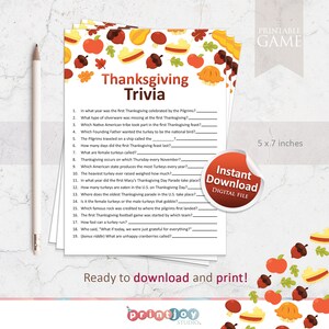 May include: A Thanksgiving Trivia game sheet measuring 5 x 7 inches with a white background and autumn-themed illustrations of acorns, leaves, apples, and pies. The text includes nineteen questions and a bonus riddle, with a pencil on the left side.