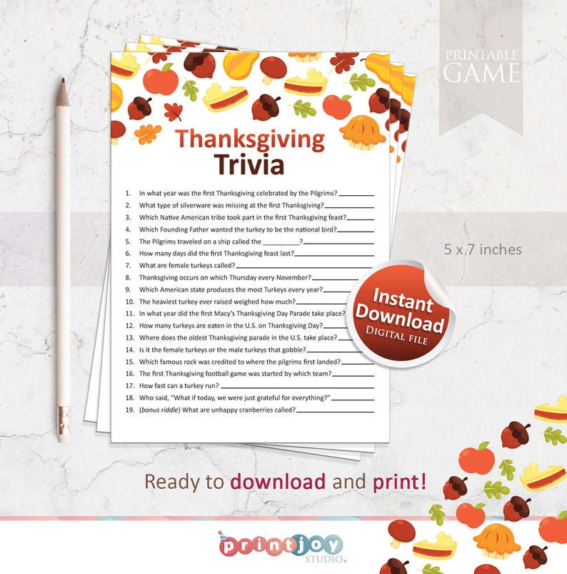 May include: A Thanksgiving Trivia game sheet measuring 5 x 7 inches with a white background and autumn-themed illustrations of acorns, leaves, apples, and pies. The text includes nineteen questions and a bonus riddle, with a pencil on the left side.