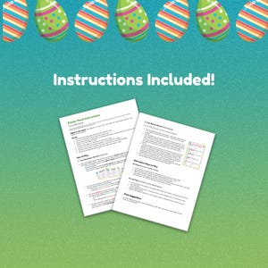 May include: Easter-themed game instructions with colorful Easter eggs at the top. The text "Instructions Included!" is prominently displayed. Two sheets of instructions are visible, detailing game rules and suggestions.