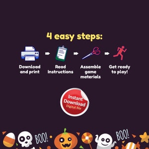 Peut inclure: Un jeu d'Halloween imprimable en quatre &eacute;tapes faciles&nbsp;: t&eacute;l&eacute;charger et imprimer, lire les instructions, assembler les &eacute;l&eacute;ments du jeu et se pr&eacute;parer &agrave; jouer. Le jeu est disponible en t&eacute;l&eacute;chargement num&eacute;rique instantan&eacute;.