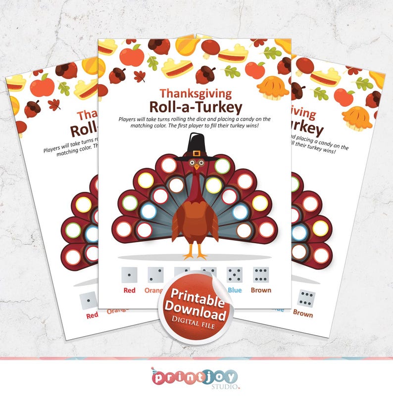 May include: Printable Thanksgiving Roll-a-Turkey game featuring a colourful turkey with a red, orange, blue, and brown colour scheme. Players take turns rolling the dice and placing a sweet on the matching colour. The first player to fill their turkey wins!