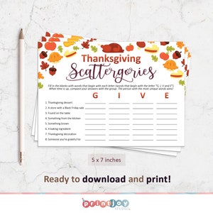 May include: A 5 x 7 inch Thanksgiving Scattergories game card featuring a white background with autumn-themed illustrations of pumpkins, acorns, and pies. The text reads Thanksgiving Scattergories, G I V E, and lists eight categories.