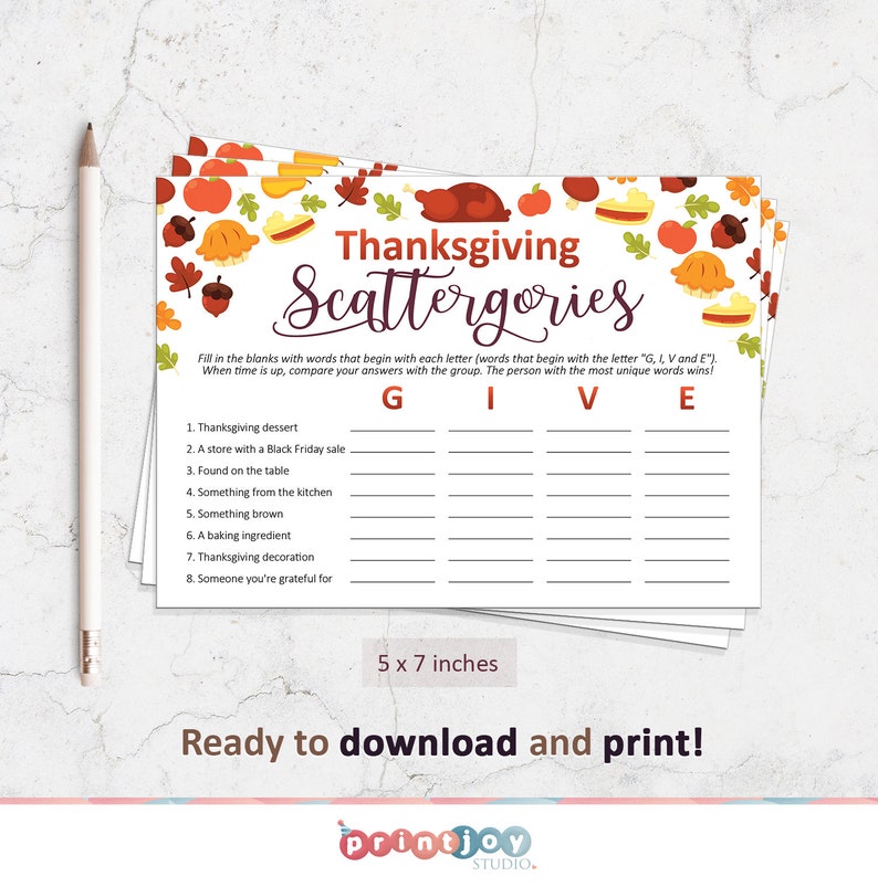 May include: A 5 x 7 inch Thanksgiving Scattergories game card featuring a white background with autumn-themed illustrations of pumpkins, acorns, and pies. The text reads Thanksgiving Scattergories, G I V E, and lists eight categories.