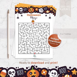 May include: Printable Halloween maze game featuring a ghost, pumpkin, candy corn, and stars. The maze is 5 x 7 inches and is ready to download and print.