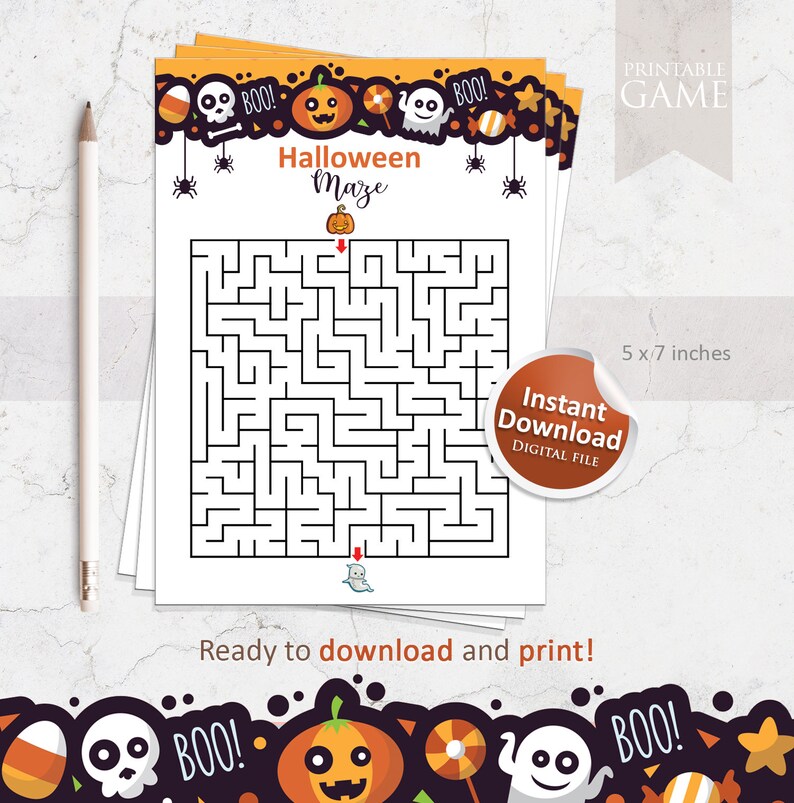 May include: Printable Halloween maze game featuring a ghost, pumpkin, candy corn, and stars. The maze is 5 x 7 inches and is ready to download and print.