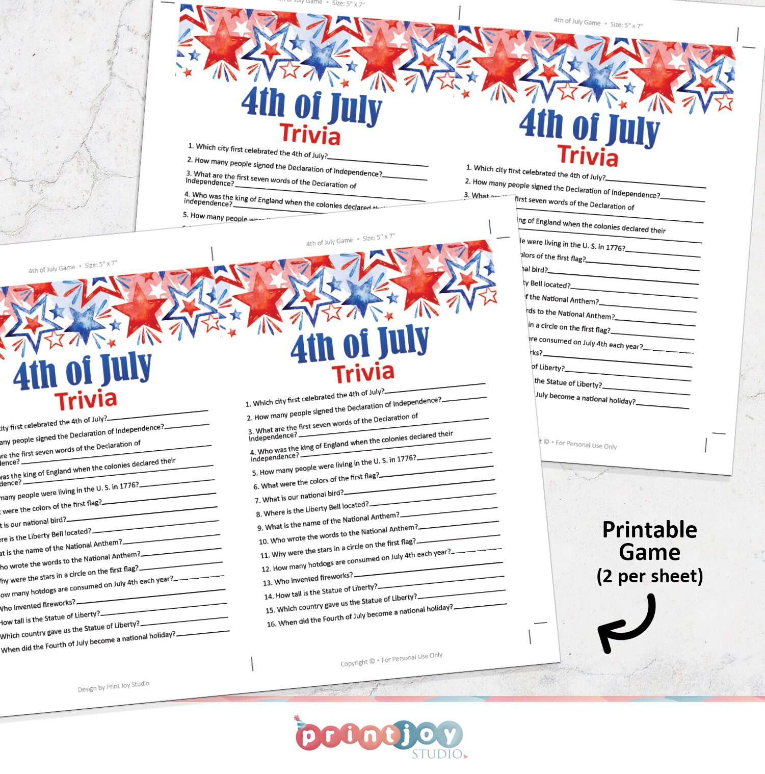4th of July Printable Game Fourth of July Trivia Game | Etsy