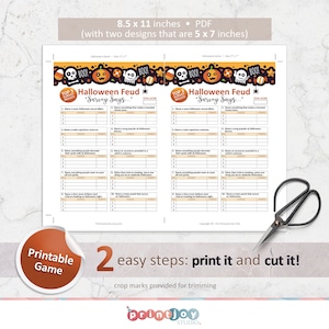 May include: Printable Halloween Feud game with two designs. Each design is 5 x 7 inches and features a Halloween theme with a pumpkin, ghost, candy corn, and the words "BOO!" and "Survey Says..." The game includes a list of questions and answer choices with points for each correct answer.